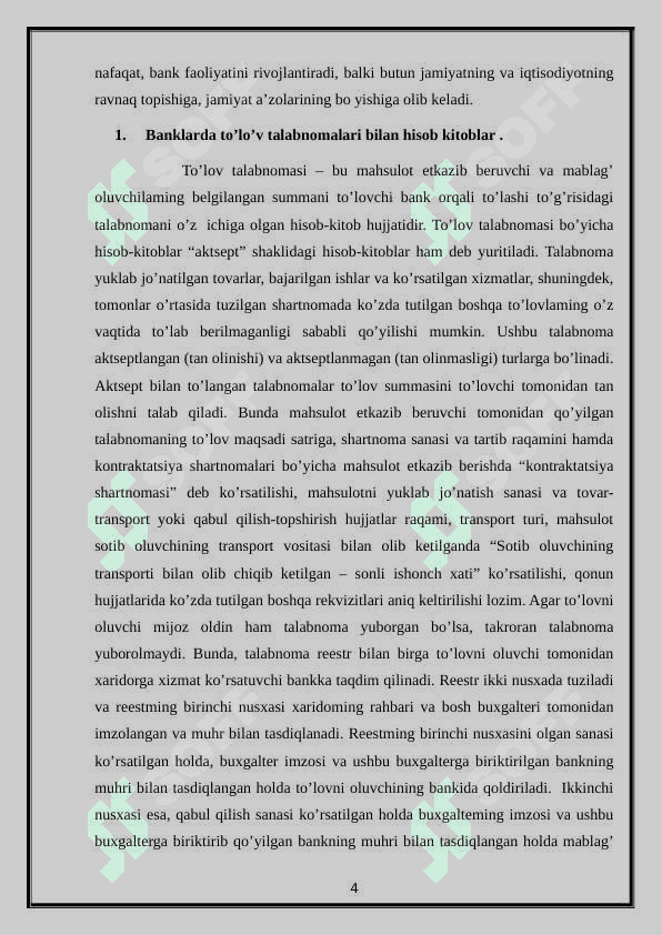 Banklarda to’lov talabnomalari bo’yicha hisob-kitoblar hisobi. 4