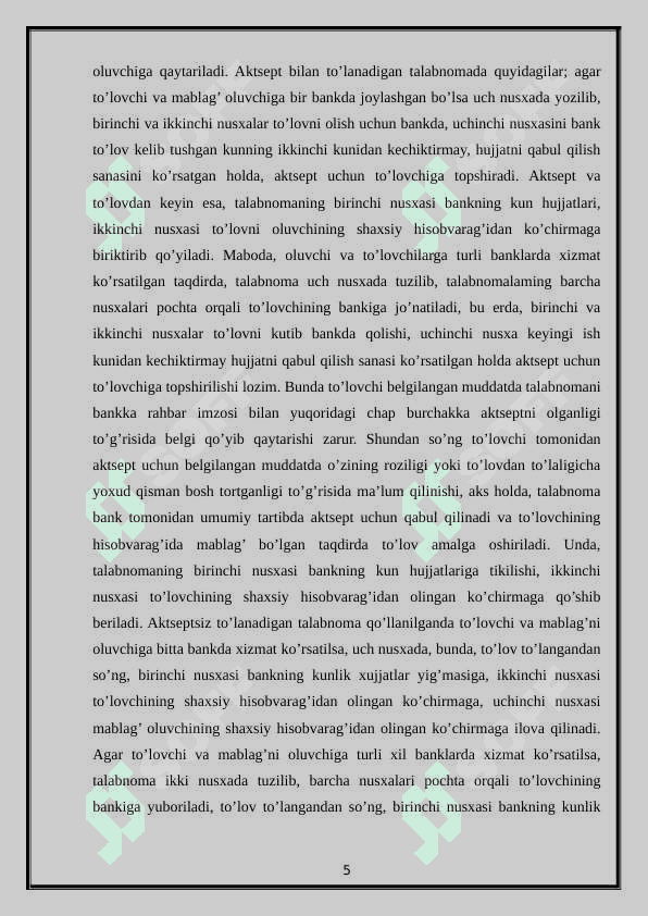 Banklarda to’lov talabnomalari bo’yicha hisob-kitoblar hisobi. 5