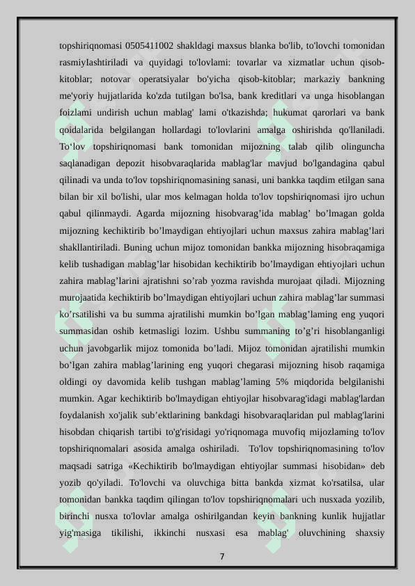 Banklarda to’lov talabnomalari bo’yicha hisob-kitoblar hisobi. 7