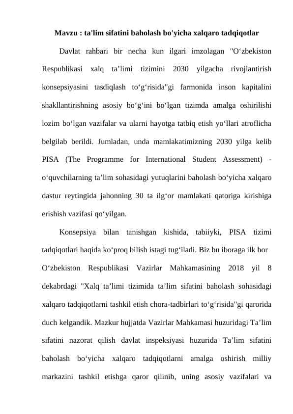 ta'lim sifatini baholash bo'yicha xalqaro tadqiqotlar