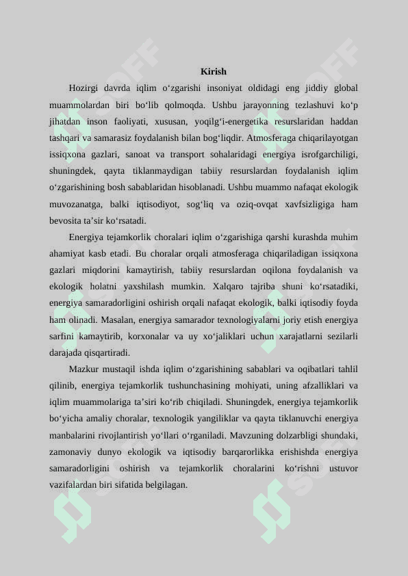 energiya tejamkorlik choralari orqali iqlim o'zgarishini 2