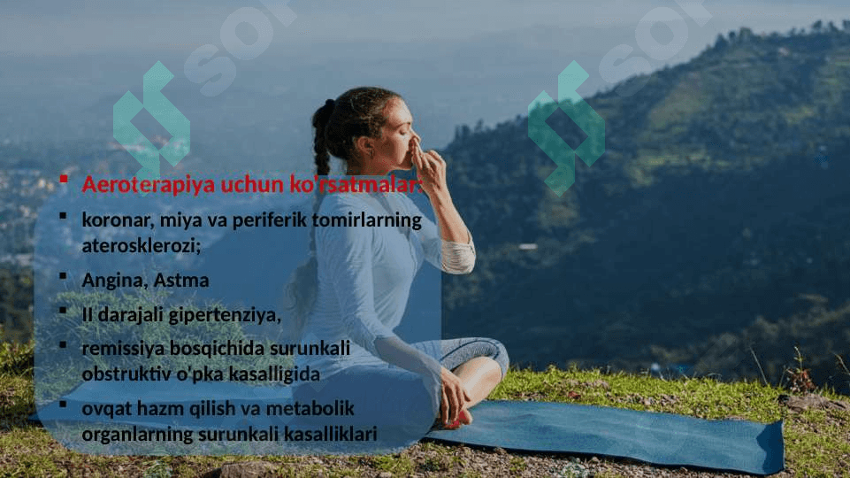 Maxsus havo muhiti bilan davolash. Aeroionoterapiya va aerozolterapiya haqida tushuncha. 6