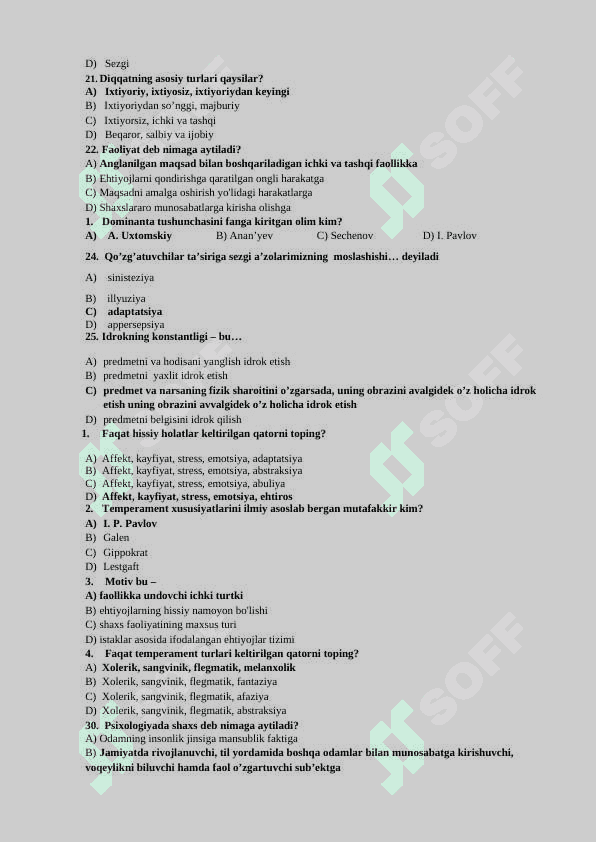 Psixologiya fanidan test savollari javoblari bilan - 150 3