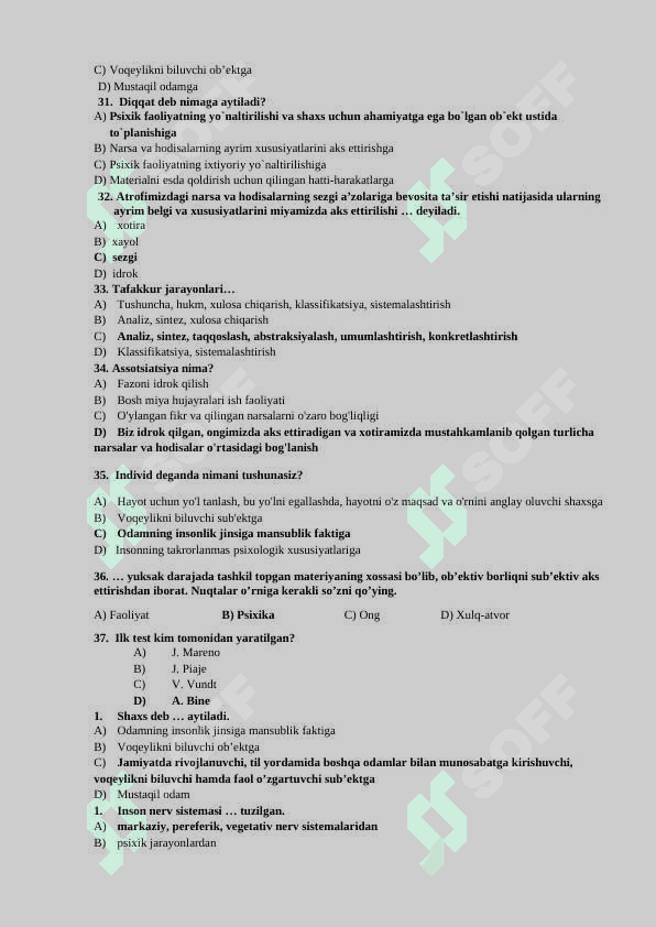 Psixologiya fanidan test savollari javoblari bilan - 150 4