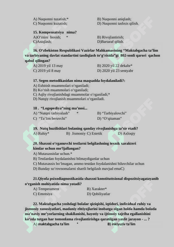 Psixologiya fanidan test savollari javoblari bilan - 70 3