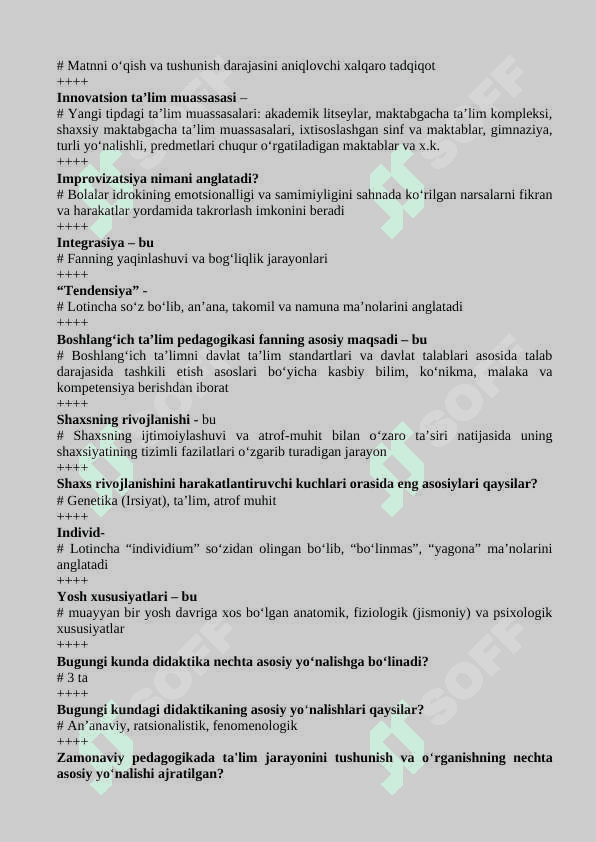 BOSHLANG‘ICH TA’LIM PEDAGOGIKASI, INNOVATSIYASI VA INTEGRATSIYASI FANIDAN TEST NAMUNALARI 2
