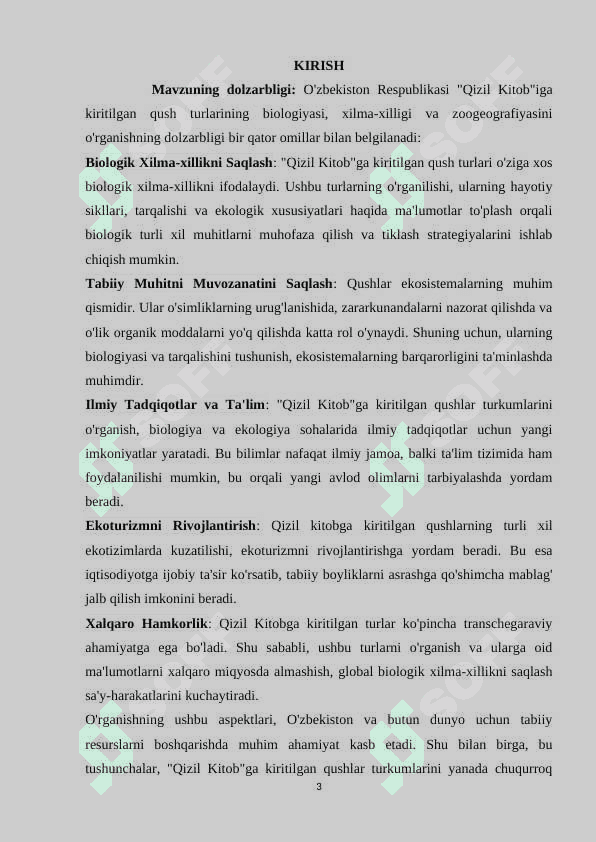 O’zbekiston Respublikasi “Qizil kitob”iga kiritilgan qushlar turkumlari biologiyasi, xilma-xilligi va zoogeografiyasi 3
