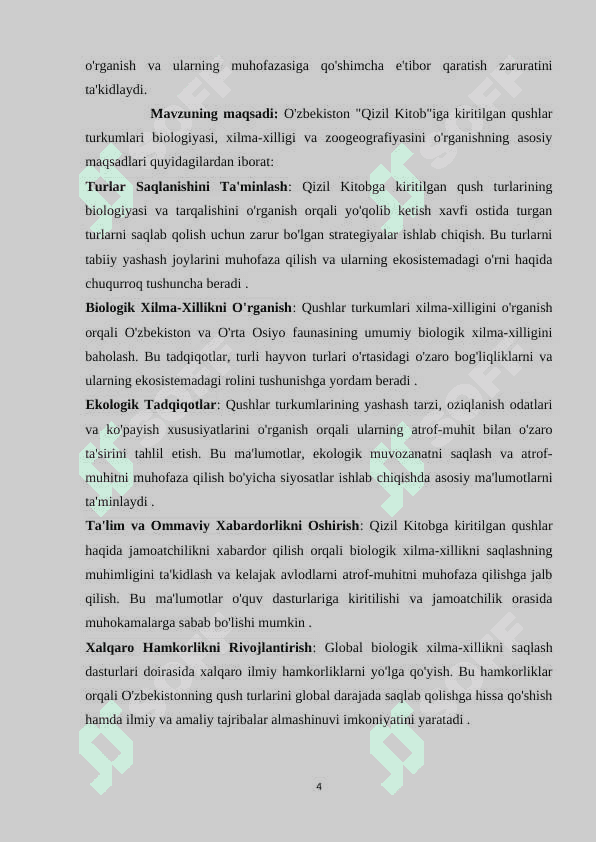 O’zbekiston Respublikasi “Qizil kitob”iga kiritilgan qushlar turkumlari biologiyasi, xilma-xilligi va zoogeografiyasi 4