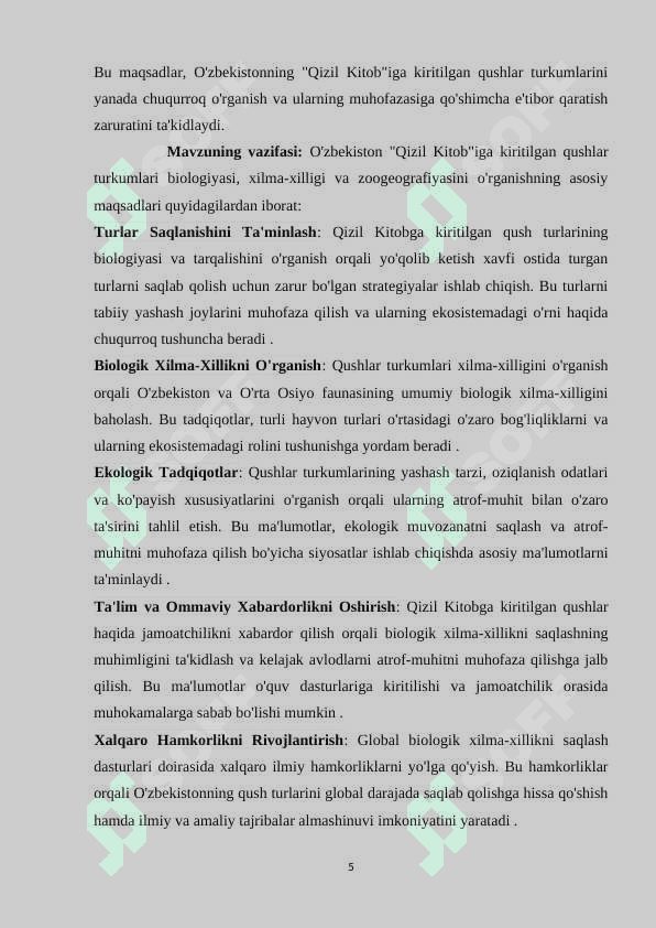O’zbekiston Respublikasi “Qizil kitob”iga kiritilgan qushlar turkumlari biologiyasi, xilma-xilligi va zoogeografiyasi 5