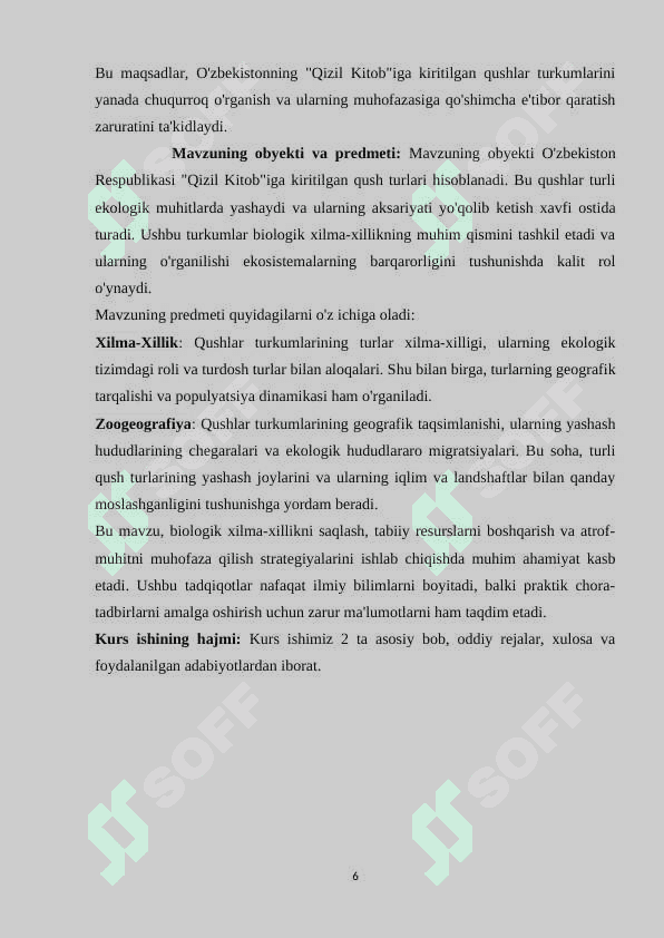 O’zbekiston Respublikasi “Qizil kitob”iga kiritilgan qushlar turkumlari biologiyasi, xilma-xilligi va zoogeografiyasi 6