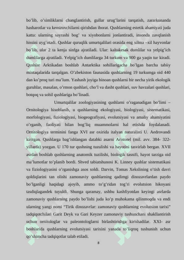 O’zbekiston Respublikasi “Qizil kitob”iga kiritilgan qushlar turkumlari biologiyasi, xilma-xilligi va zoogeografiyasi 8