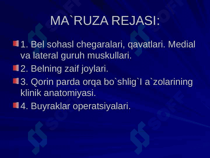 BEL SOHASI VА QORIN PARDA ORQA BO`SHLIG`NING KLINIK ANATOMIYASI VA OPERATSIYALARI. BUYRAK VА SIYDIK YO`LLARIDA OPERATSIYALAR. 2