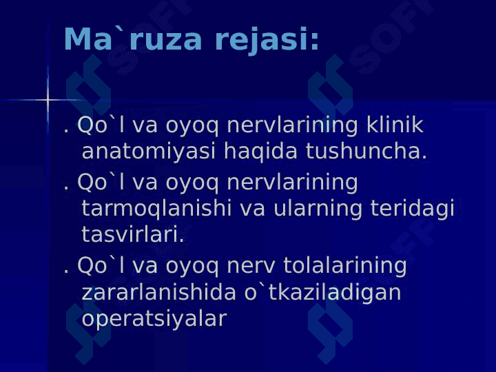 Qo`l va oyoq nerv poyalarining klinik anatomiyasi va operativ jarrohligi. 2