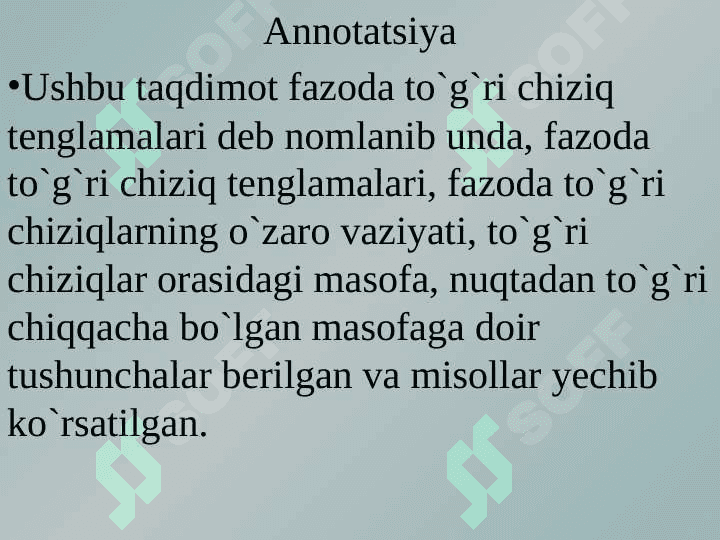 FAZODA TO’G’RI  CHIZIQ TENGLAMALARI 2