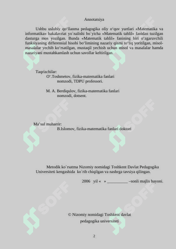 Differensial va hosilani hisoblash uchun o'quv qo'llanma 2