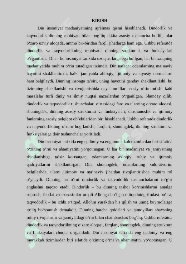 Dindorlik va taqvodorlikning oʻzaro aloqasi va farqi. Dinning strukturasi va funksiyalari 2