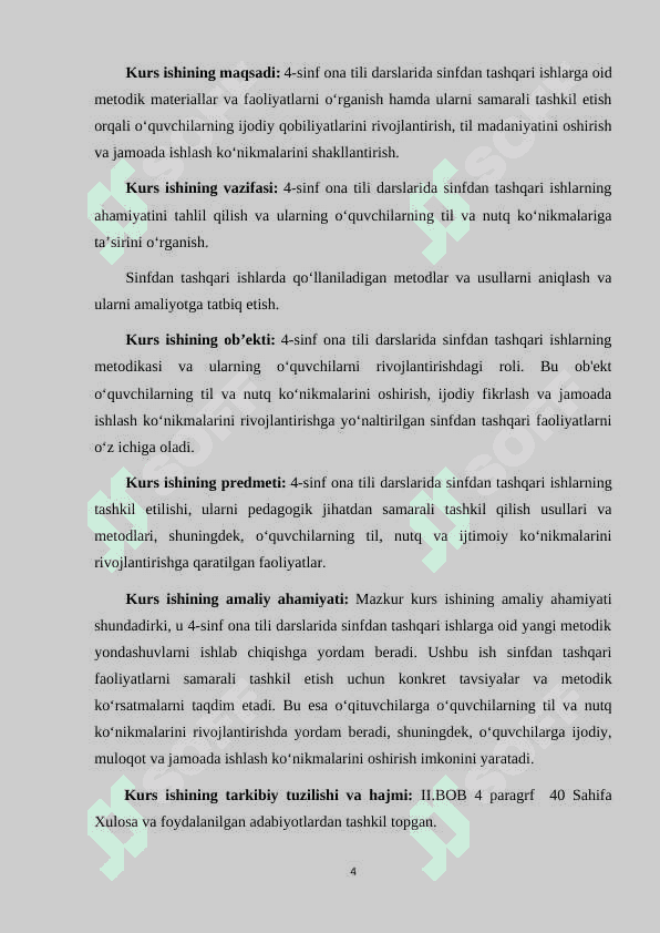 4 -SINF ONA TILI DARSLARIDA SINFDAN TASHQARI ISHLARNI TASHKIL QILISH. 4