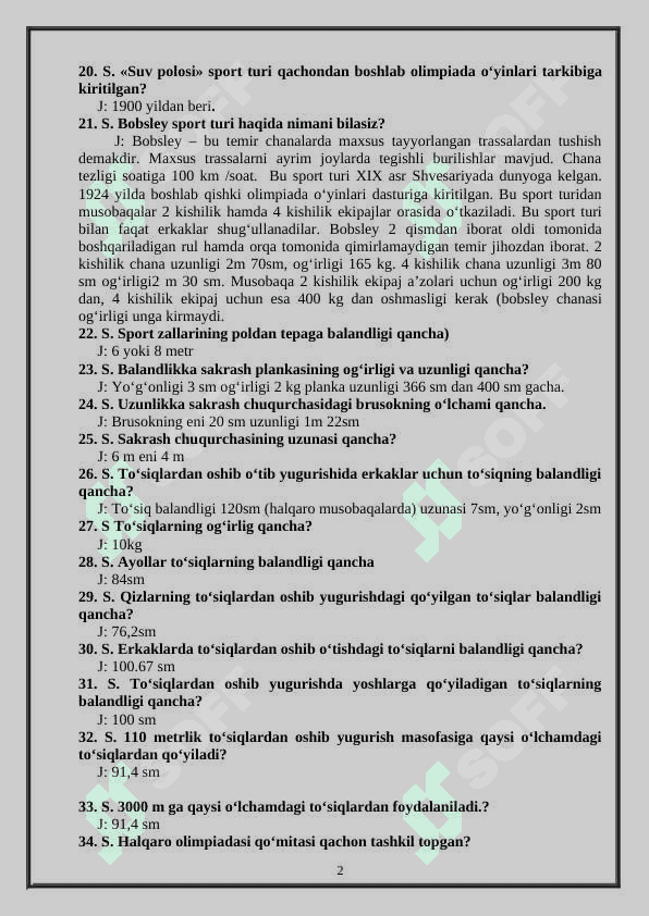 Jismoniy tarbiya fanidan yopiq test savollar va javoblar. 2