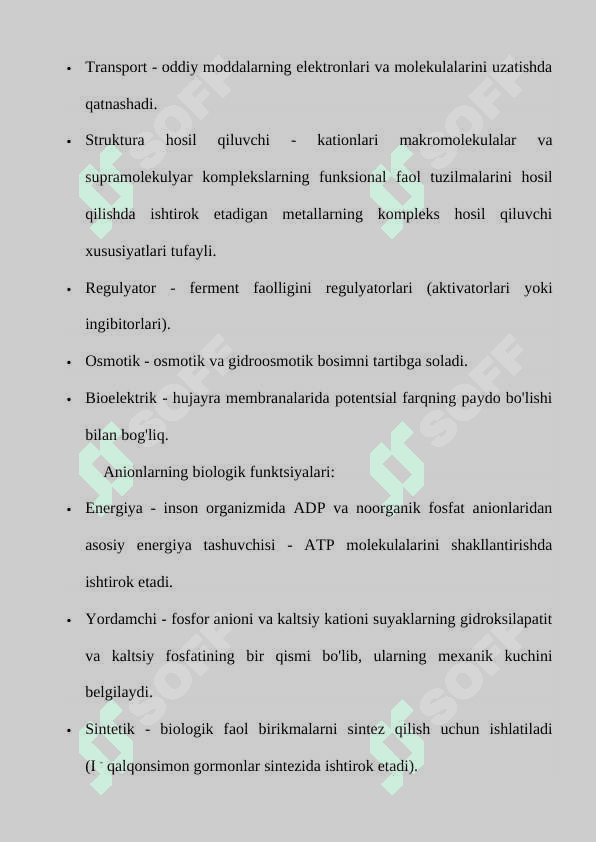 Noorganik ionlar, ularning xossalari va biologik vazifalari 5