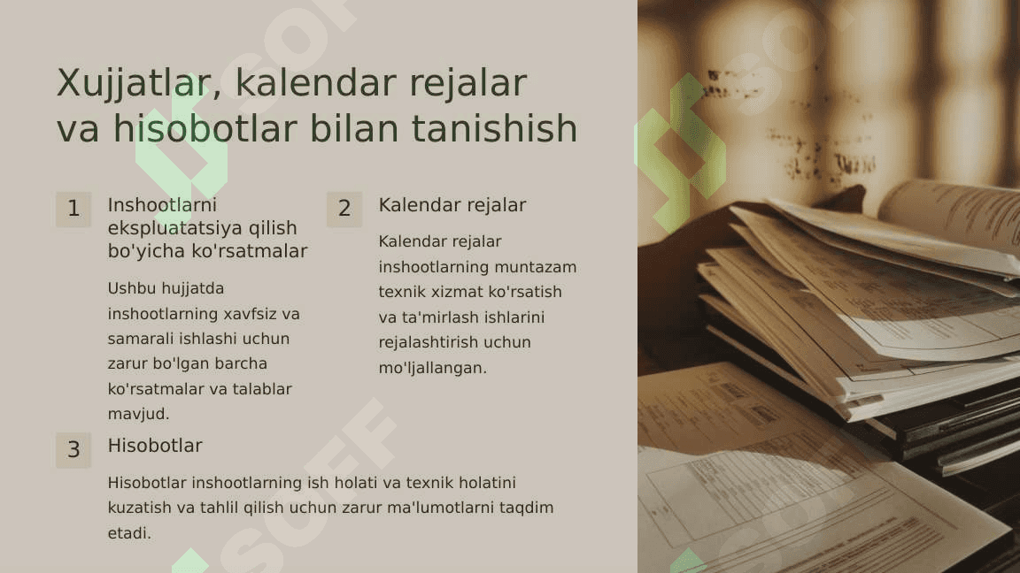 Eksplutatsiya rejimlarini tahlil qilish Gidrotexnika inshootlaridan foydalanish buyicha instruksiyalar xujjatlar kalendar rejalar va hisobotlar  bilan tanishsish va tahlil qilish. 3