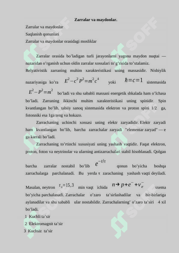 Fundamental o'zaro tasirlar turlari yagona maydon nazariyasi 2