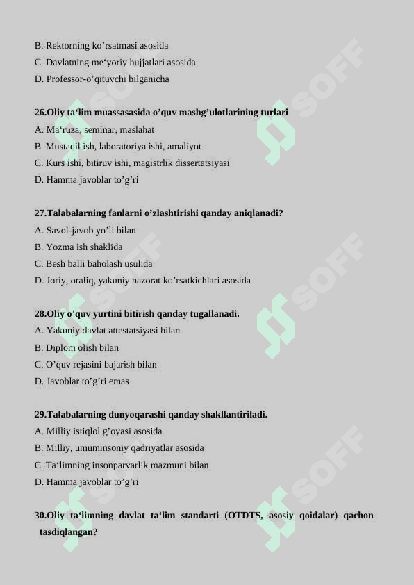 “PEDAGOGIKA” FANIDAN YAKUNIY NAZORAT UCHUN TEST SAVOLLARI 6