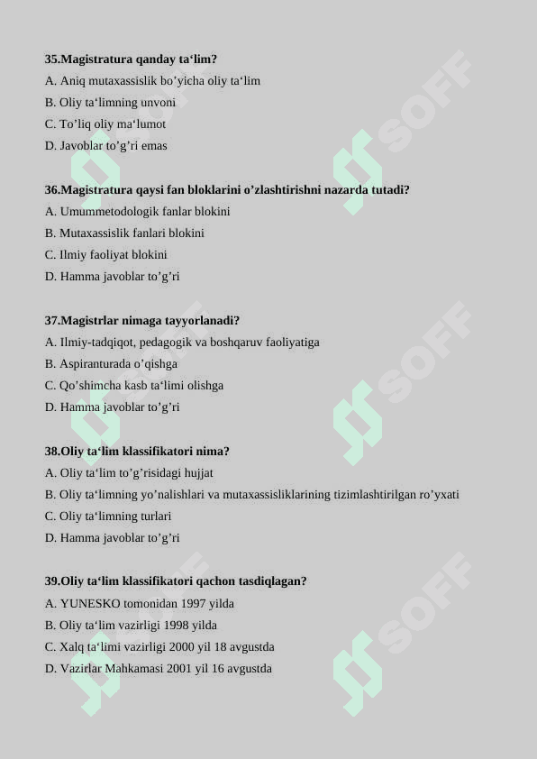 “PEDAGOGIKA” FANIDAN YAKUNIY NAZORAT UCHUN TEST SAVOLLARI 8
