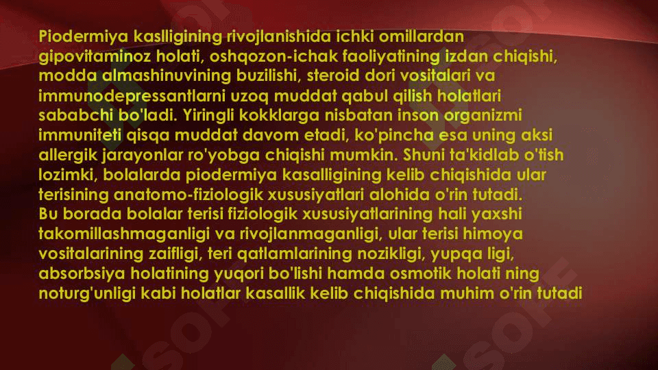 Terining yiringli kasalliklari.Etiologiyasi, patogenezi. Piodermiyalarni umumiy kechishi. Stafilodermiyalar, oddiy husnbuzar.Streptodermiyalar.Bolalarda uchraydigan stafilodermiyalar. Piodermiyalarni davolash. 3