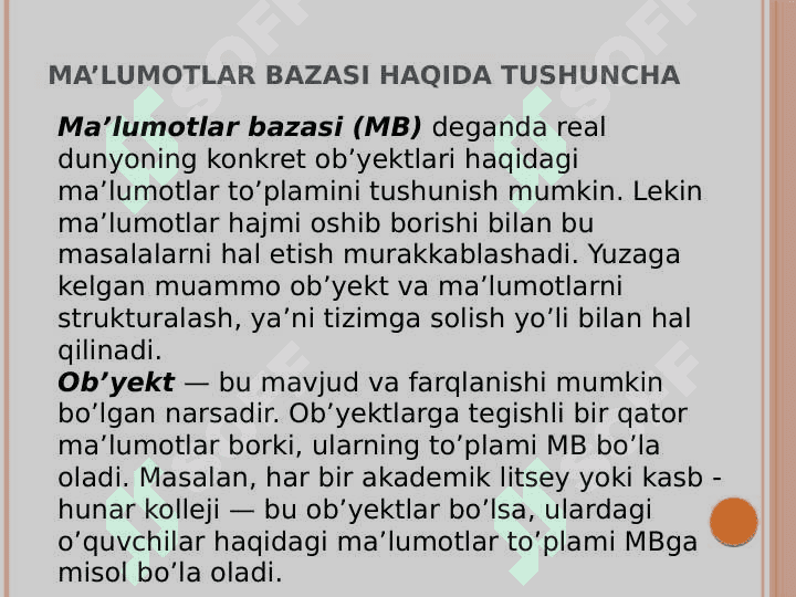 Ma’lumotlar bazasi va uni boshqarish tizimlalari 2