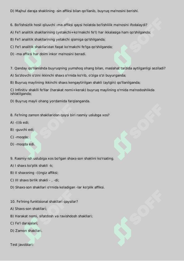 O'zbek tili stilistikasi fani. Fe'l uslubiy xususiyatlari mavzusida test. 2