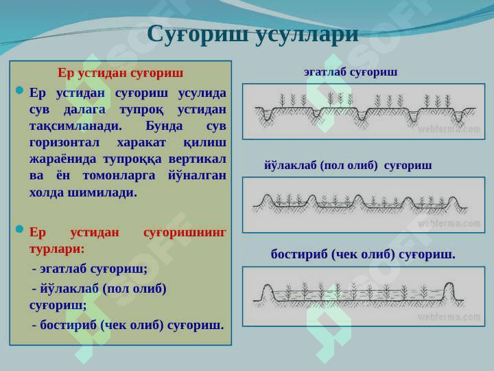 Суғориш усуллари ва суғориш техникаси 6
