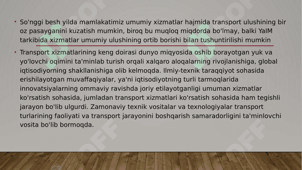 Butun dunyoning YaIM sida transport sohasining ulishi 3