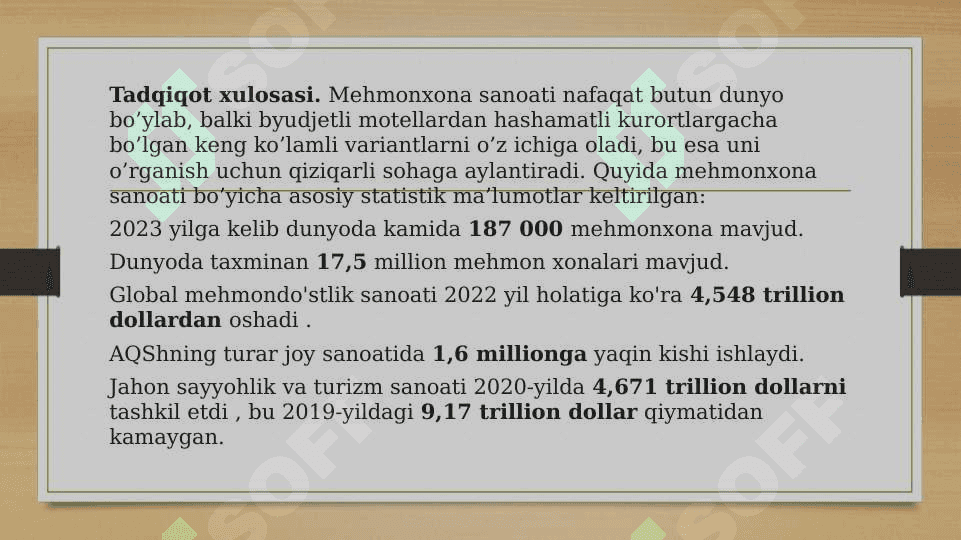 Butun dunyoda mehmonxonalar soni va toifasi 4