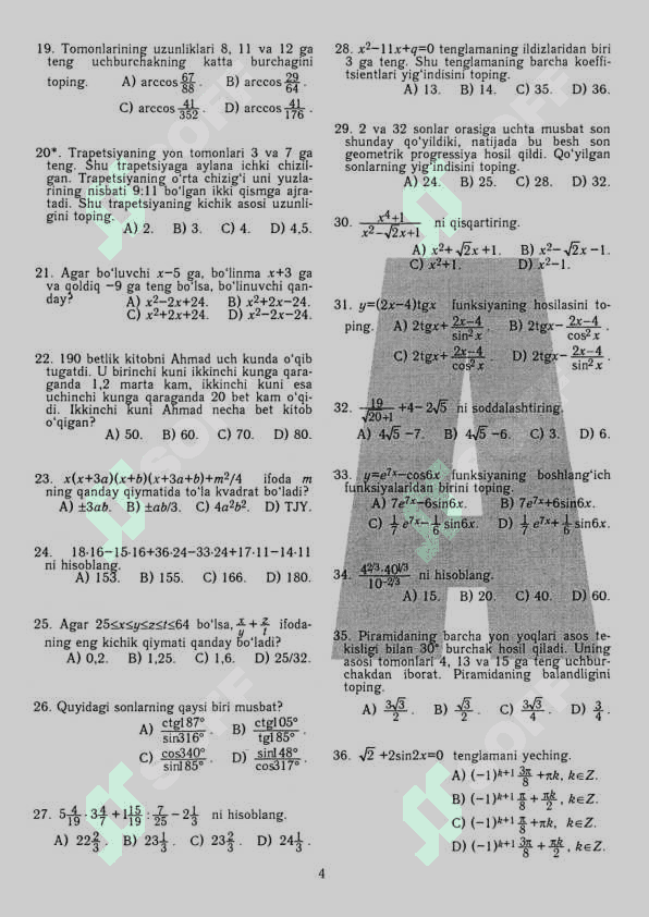 Matematika 2019 variant 4