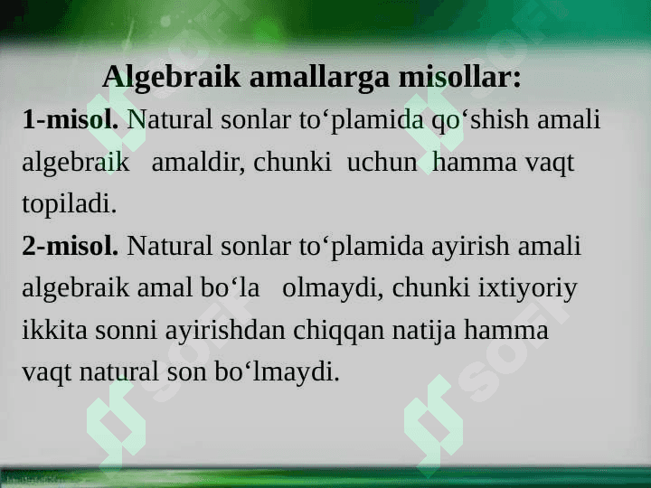 Algebraik operatsiya tushunchasi va uning xossalari:  Kommutativlik, assotsiativlik distributivlik va qisqaruvchanlik. Neytral, yutuvchi va simmetrik elementlar 6