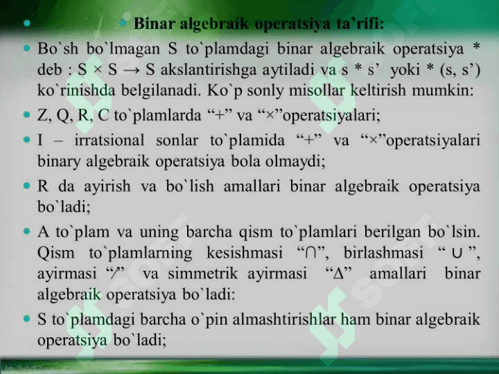 Algebraik operatsiya tushunchasi va uning xossalari:  Kommutativlik, assotsiativlik distributivlik va qisqaruvchanlik. Neytral, yutuvchi va simmetrik elementlar 8