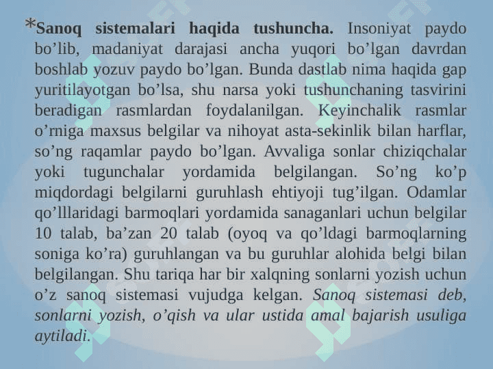 Sanoq sistеmalari: Sanoq sistеmasi tushunchasi. Pozitsion va nopozitsion sanoq sistеmalari. O`nli pozitsion sanoq sistеmasini targ`ib qilishda M.Xorazmiyning ro’li. O`nli pozitsion sanoq sistеmasida sonlarning yozilishi va o`qilishi. 3
