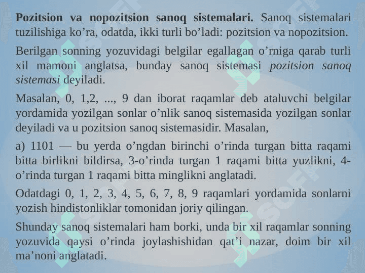 Sanoq sistеmalari: Sanoq sistеmasi tushunchasi. Pozitsion va nopozitsion sanoq sistеmalari. O`nli pozitsion sanoq sistеmasini targ`ib qilishda M.Xorazmiyning ro’li. O`nli pozitsion sanoq sistеmasida sonlarning yozilishi va o`qilishi. 4
