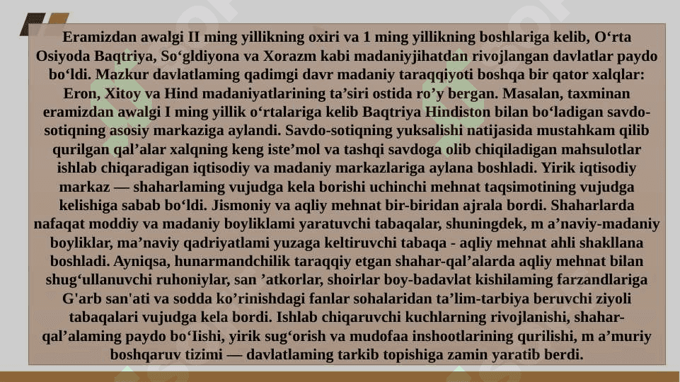 O‘ZBEKISTONNING ENG QADIMGI DAVR MADANIYATI VA SAN’ATI 6