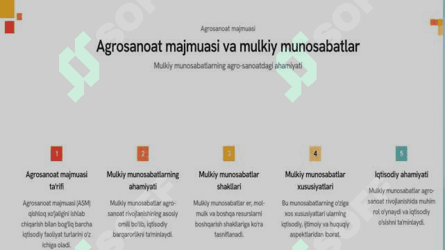Agrosanoat majmuasida mulkiy munosabatlarning moxiyati, shakllari va o’ziga xos xususiyatlari. 3