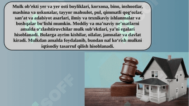 Agrosanoat majmuasida mulkiy munosabatlarning moxiyati, shakllari va o’ziga xos xususiyatlari. 7