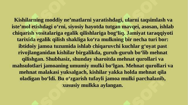 Agrosanoat majmuasida mulkiy munosabatlarning moxiyati, shakllari va o’ziga xos xususiyatlari. 8