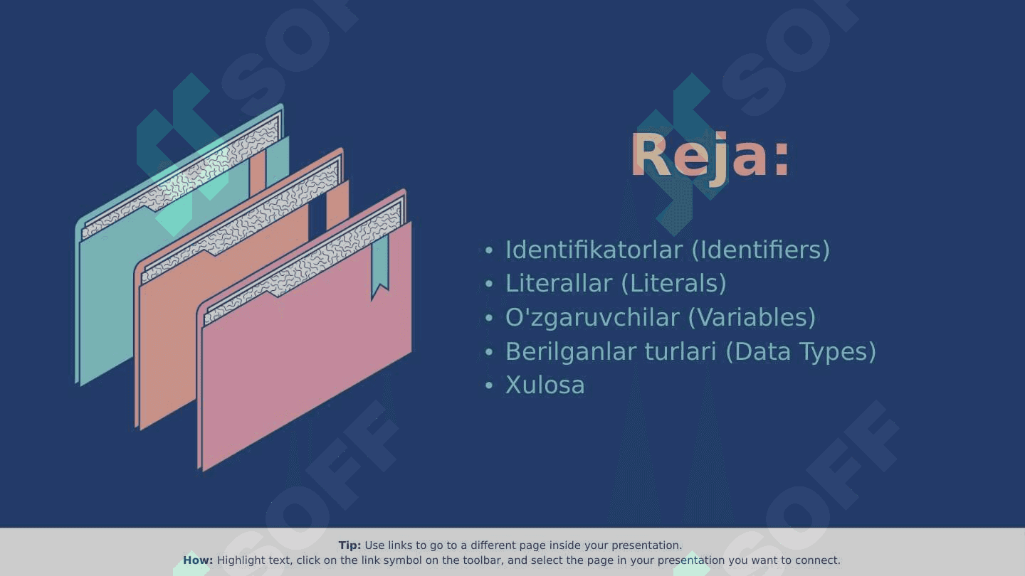 Identifikatrolar, literallar, o’zgaruvchilar va berilganlar turlari 2