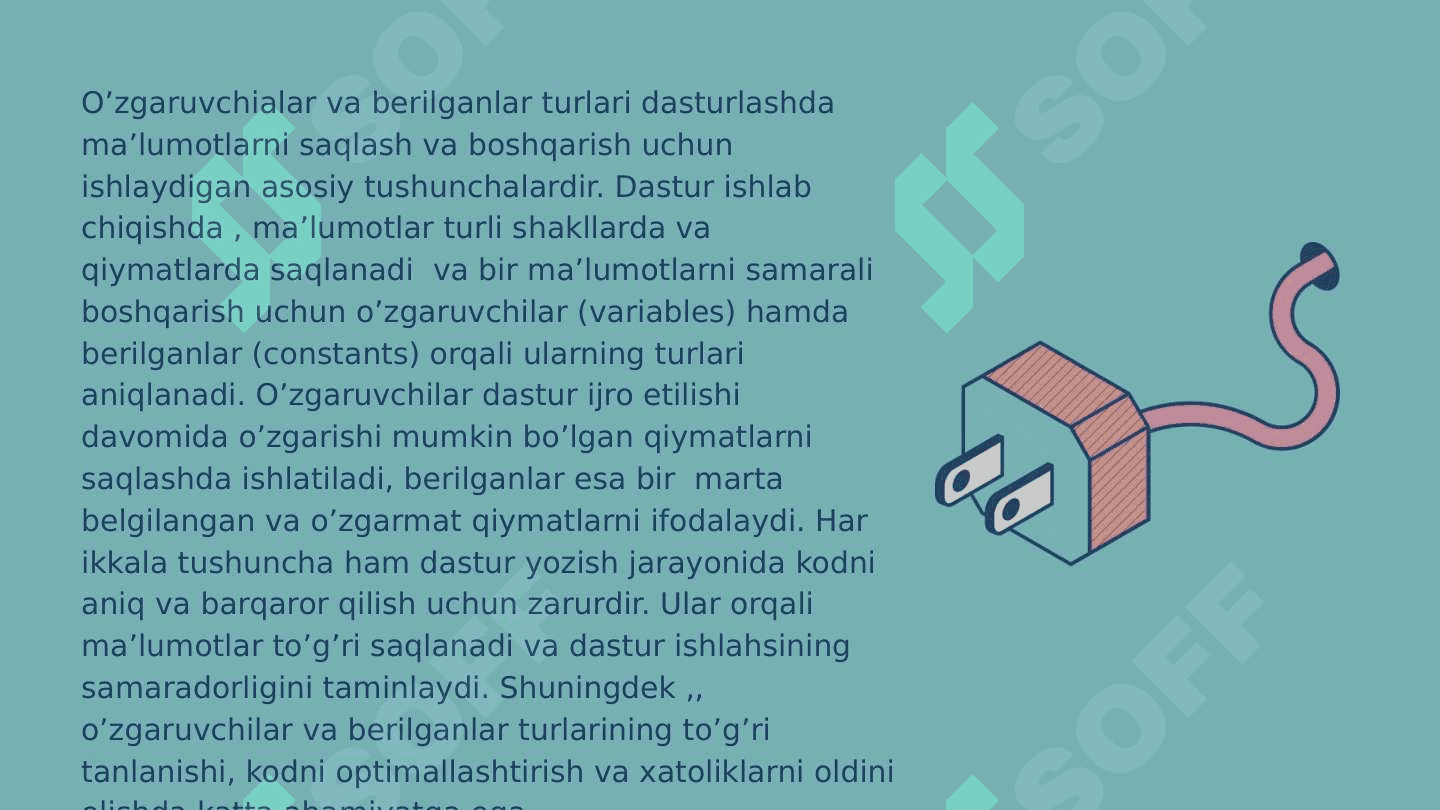 Identifikatrolar, literallar, o’zgaruvchilar va berilganlar turlari 3