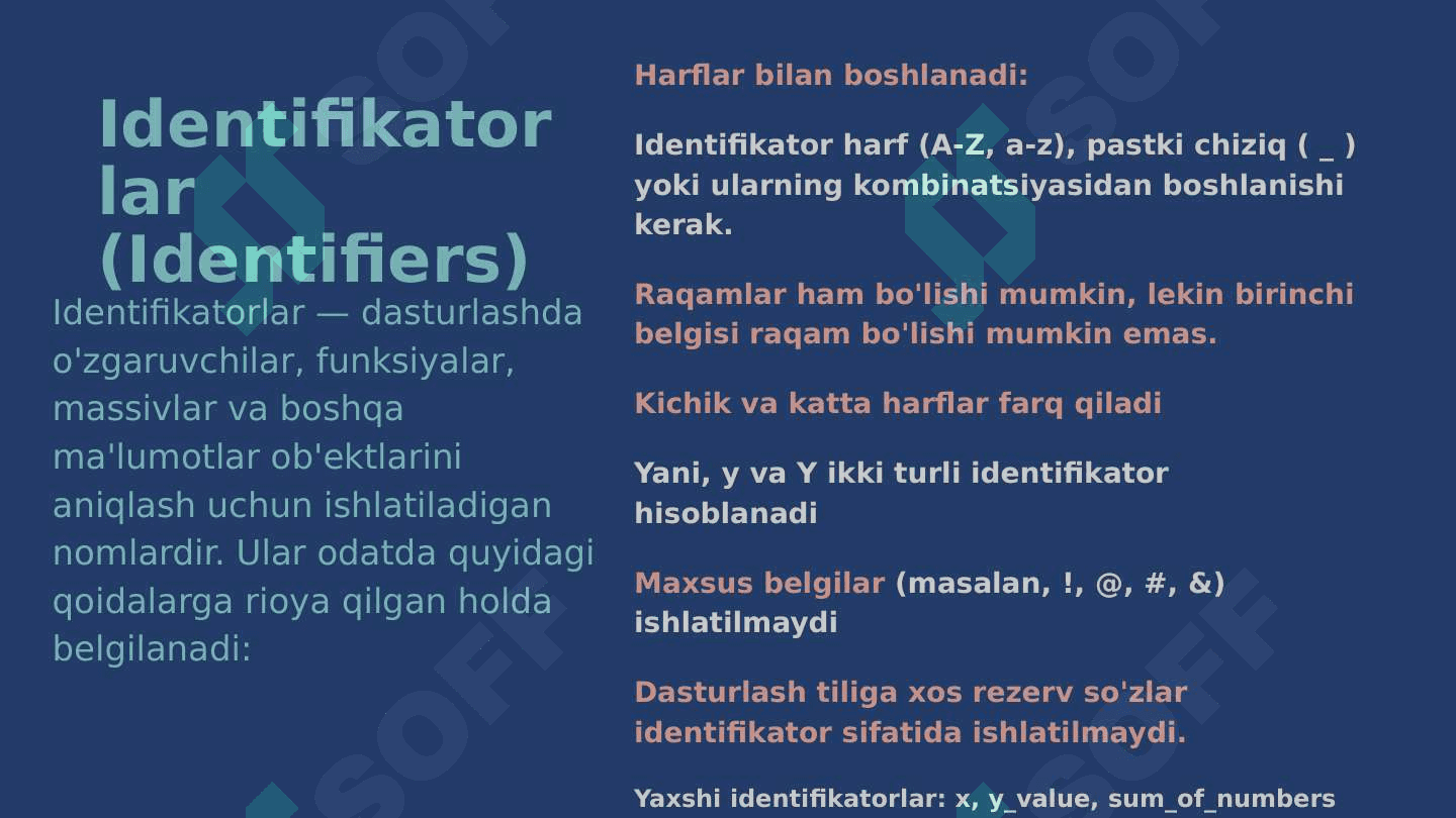 Identifikatrolar, literallar, o’zgaruvchilar va berilganlar turlari 4