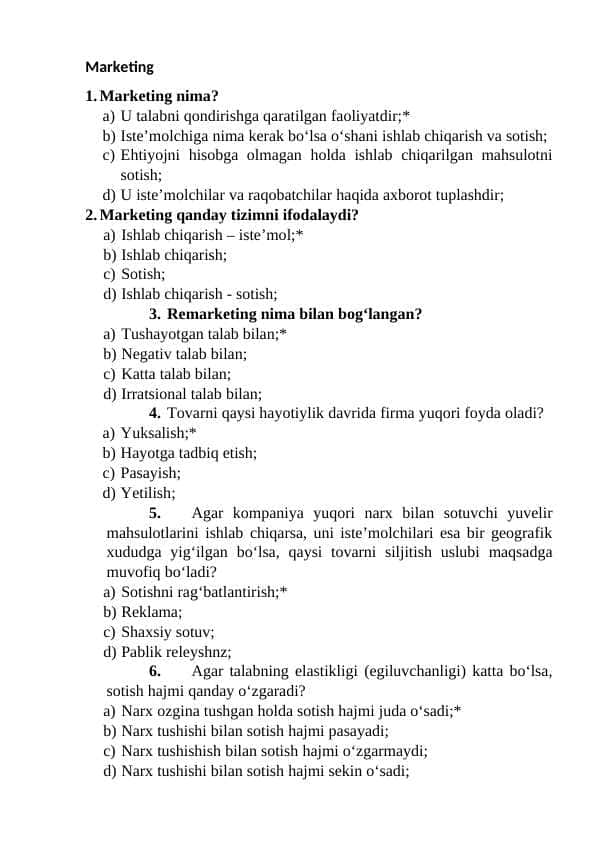 Marketing fanidan  120 ta test Javoblari bilan