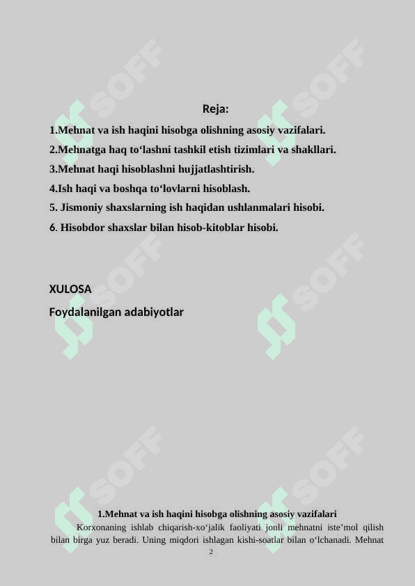 Kurs ishi.>>Biznes subyektlarida mehnatga haq to’lash shakllari va ularning hisobi 2