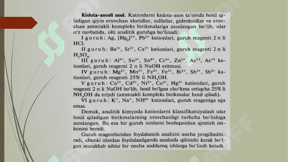 Analitik kimyo fanining vazifasi va mohiyati. Analitik kimyo usullarining sinflanishi I va II guruh kationlari 8