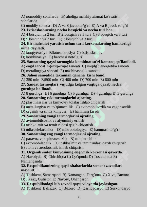 geografiya iqtisodiy test javobi bilan 3