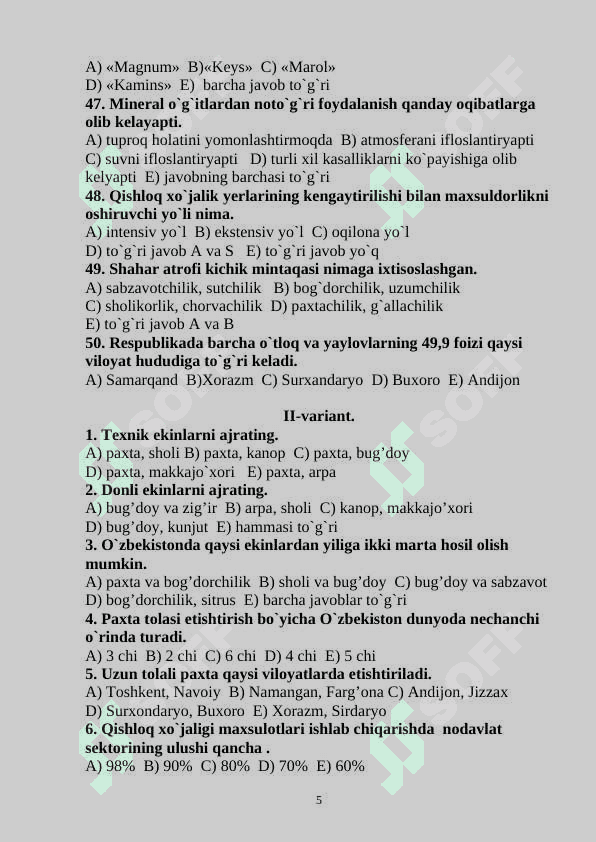 geografiya iqtisodiy test javobi bilan 5